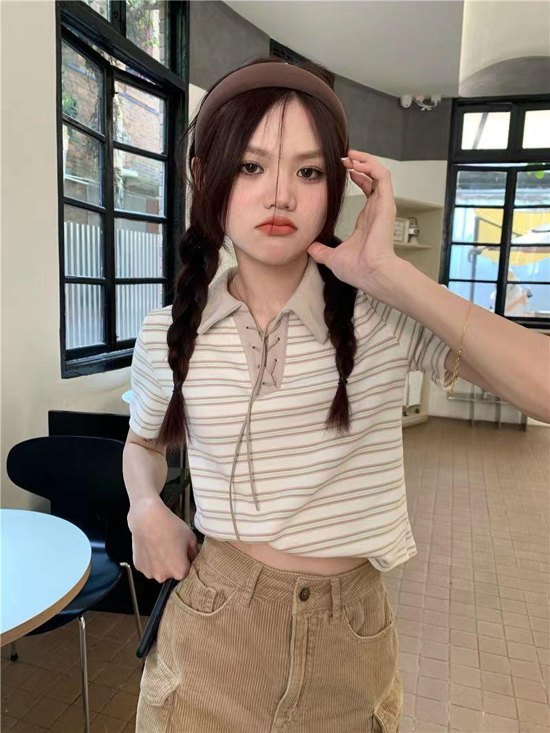 Product Introduction of Áo Thun Sọc, Cổ Polo Màu Tương Phản, Dành Cho Nữ, Phong Cách Cổ Điển Mùa Hè, Mỏng Vừa Vặn, Ngắn Tay, Áo Vai Ngắn, Bán Chạy 26