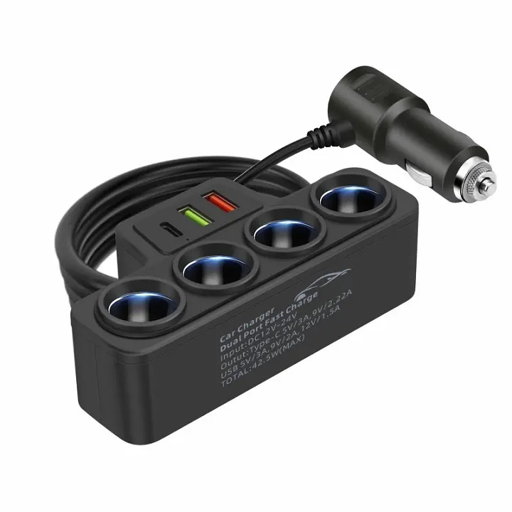 Bộ Chia Tẩu Sạc Trên Ô Tô – Chia 4 Đầu Tẩu Và 2 Cổng USB QC3.0 PD