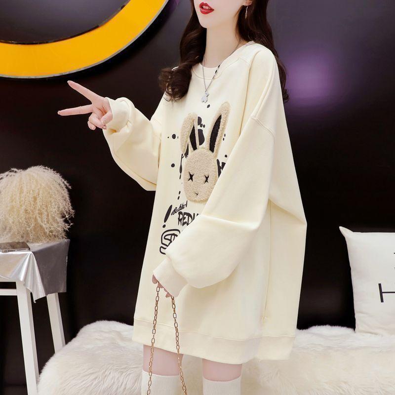 Product Introduction of Mid-Length Hoodie with Fleece 2024 Autumn Winter New Rabbit Print Loose Slimming Round Neck Casual Top Trendy Fasciitis 27