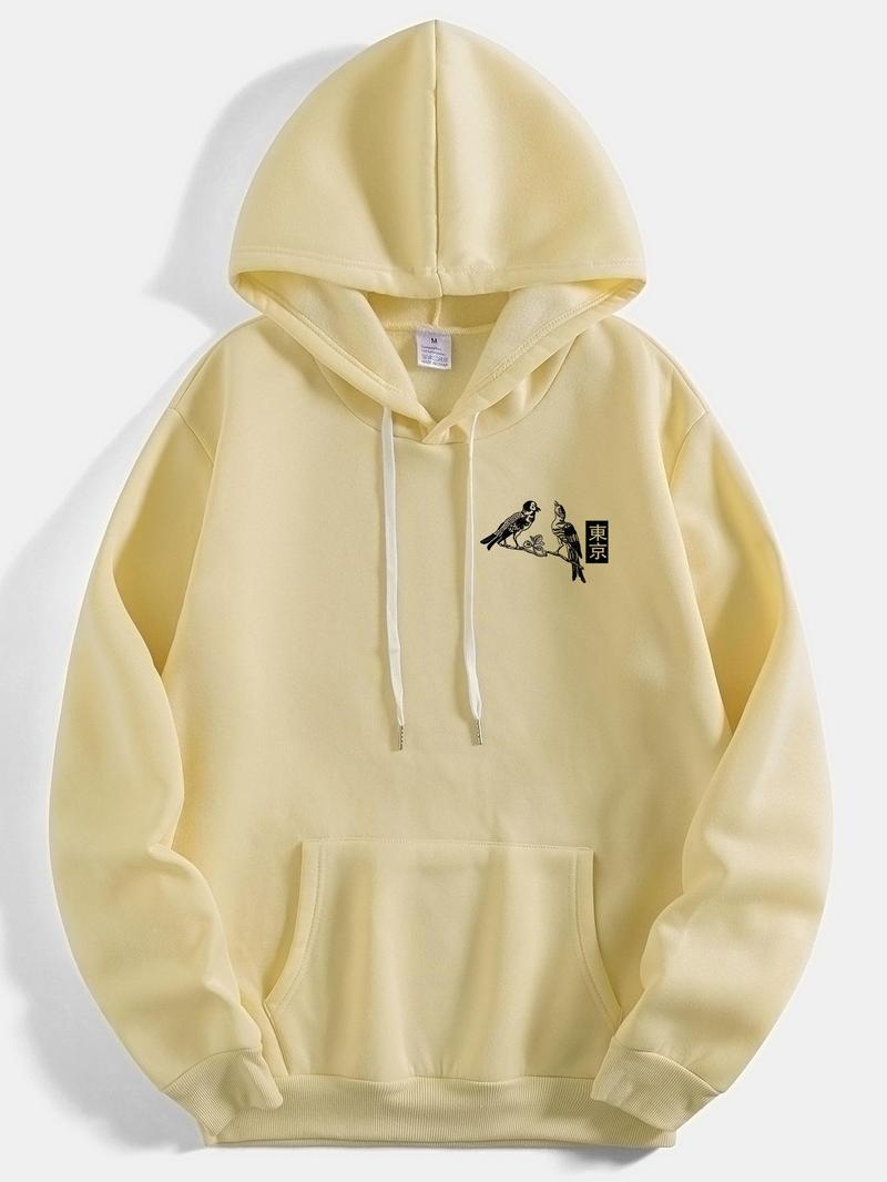 Product Introduction of Unisex Floral & Bird & Letter Print Drop Shoulder Hoodie, Regular Fit Street Drawstring Pocket Hooded Sweatshirt for Daily Holiday Outdoor Wear, Clothes for Fall & Winter 2