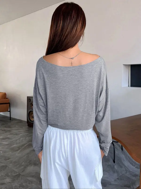 Women's Plain Boat Neck Crop Sweatshirt, Casual Long Sleeve Batwing Sleeve Pullover For Summer, Fashion Women's Clothes For Daily Wear 1