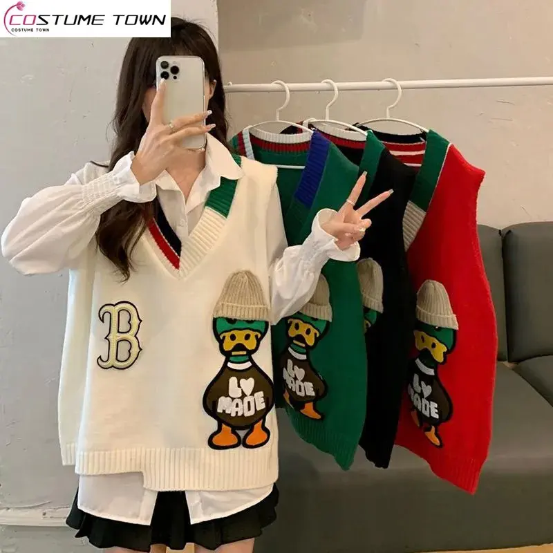 Áo Ba Lỗ Dệt Kim, Thiết Kế Hoạt Hình, Dành Cho Nữ, Trang Phục Mùa Xuân Và Mùa Thu, Phong Cách Hàn Quốc, Dáng Rộng Vừa Vặn, Áo Len Cổ Chữ V, Bất Đối Xứng, Thời Trang, Áo Cánh Nhẹ, Quần Áo Nữ, Áo Nữ Women Top Voi 0