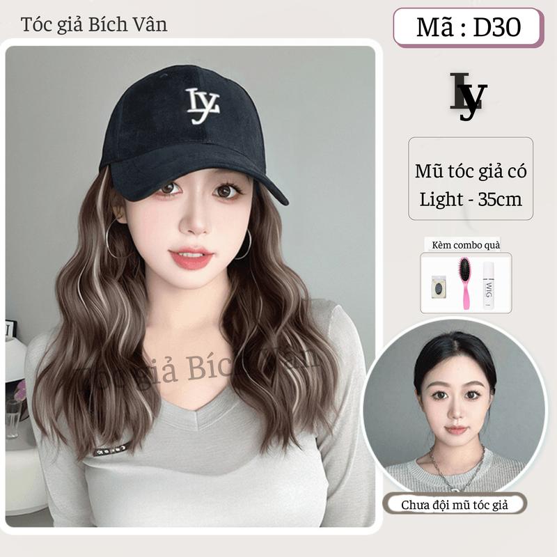 Mũ tóc giả lưỡi trai thêu chữ LY có light , nón tóc giả xoăn sóng 35cm Bích Vân