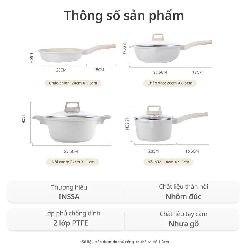 InssaVN Bộ nồi chảo 4 món chống dính 18cm/24cm/24cm/28cm GUOJ030, chiên xào nấu tiện lợi phù hợp mọi loại bếp 8