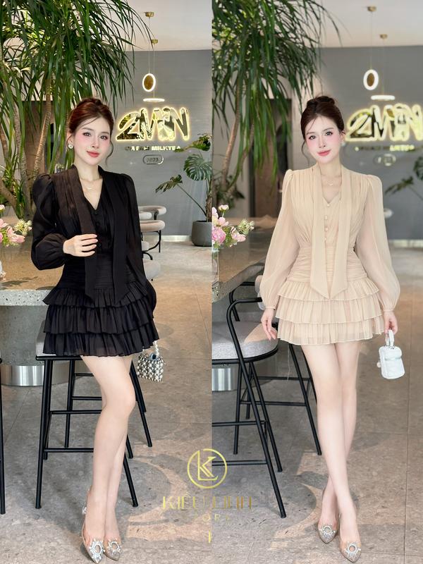 [Kiều Linh]-Váy Dự Tiệc Thiết Kế tay dài KL115 chất liệu Tơ óng vân HQ chân váy xếp li tầng Chiết eo kết hợp Dây choàng sang trọng