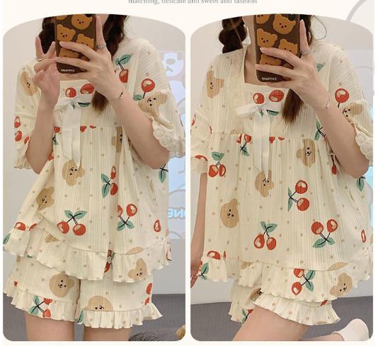 Pijama Đồ Bộ Nữ Tiểu Thư Tay Ngắn Quần Đùi Chất Đũi Gân Phối Ren Họa Tiểt  Gấu, Đồ Ngủ Nữ Mặc Nhà Giá Rẻ