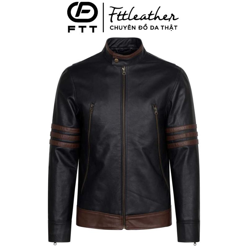  Áo da thật nam chất liệu da bò Fttleather thiết kế phối kẻ tay dáng áo người sói mã AD319B41 