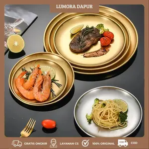 Tray Sultan Aesthetic /Piring Makan Emas / Piring Dekorasi Stainless Steel European Gold /  Piring Mewah Bahan Anti Karat Desain Nampan Makanan Roti  I PB-15 & PB-16BBQ Buah /
