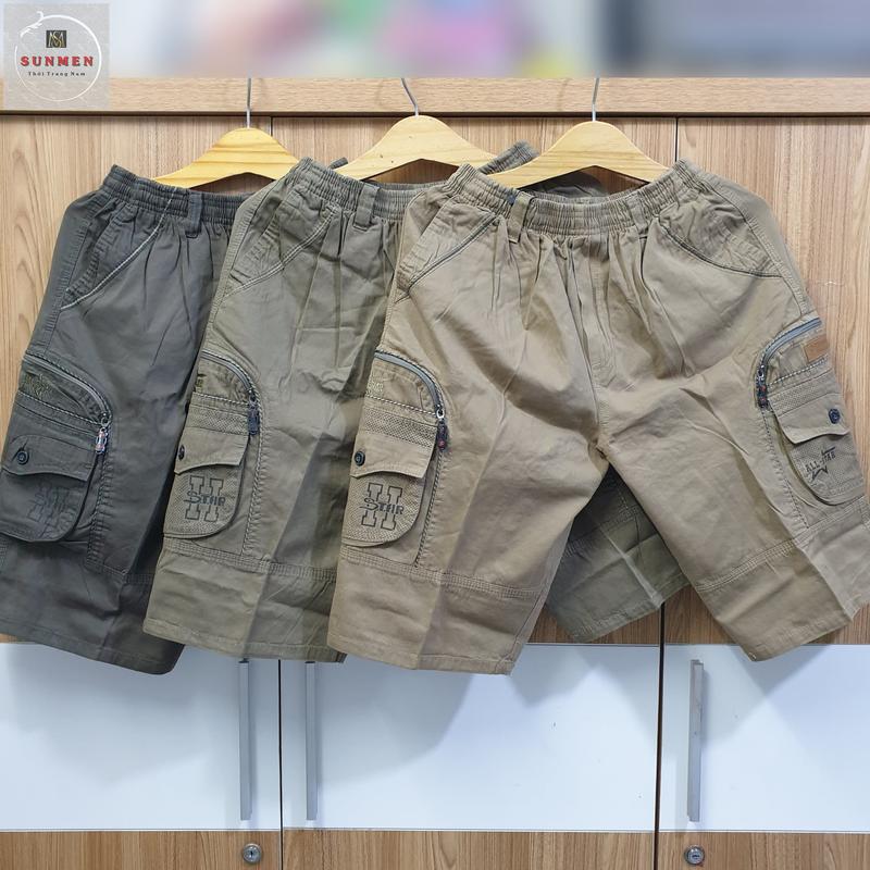 TEM ĐÔI Quần short lụa túi hộp nam lửng cao cấp chất kaki lụa lưng thun co giãn from rộng rãi túi hộp khóa kéo Menswear Quần Lửng quần short quần short