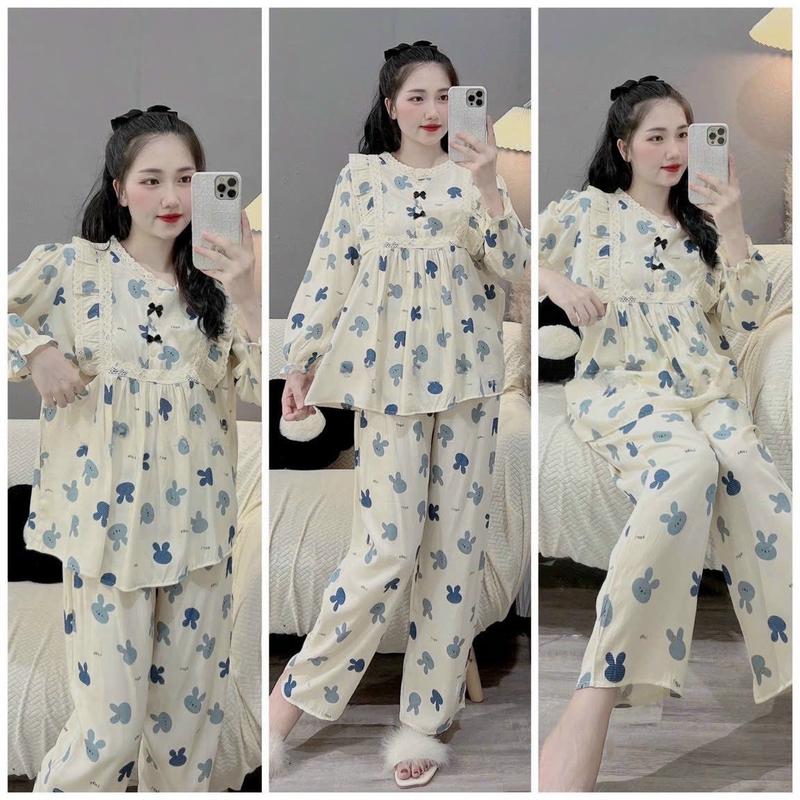 Bộ Quần - Áo chất vải Đũi Cho Bầu Và Sau Sinh Dài Tay Ren Nơ Có Khóa Ti - b143