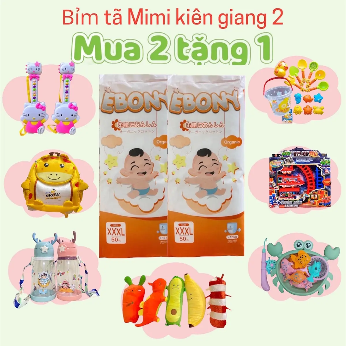 [TẶNG ĐỒ CHƠI] Combo 2bịch bỉm quần EBONY hữu cơ đủ size cho bé 5-25kg, 100miếng Nhộng Chũn Thun