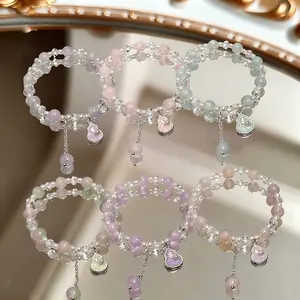 Gelang Manik Kaca Mikro Liontin Calabash Mutiara, Warna-warni, Bracelet Kristal Tali Elastis Modis