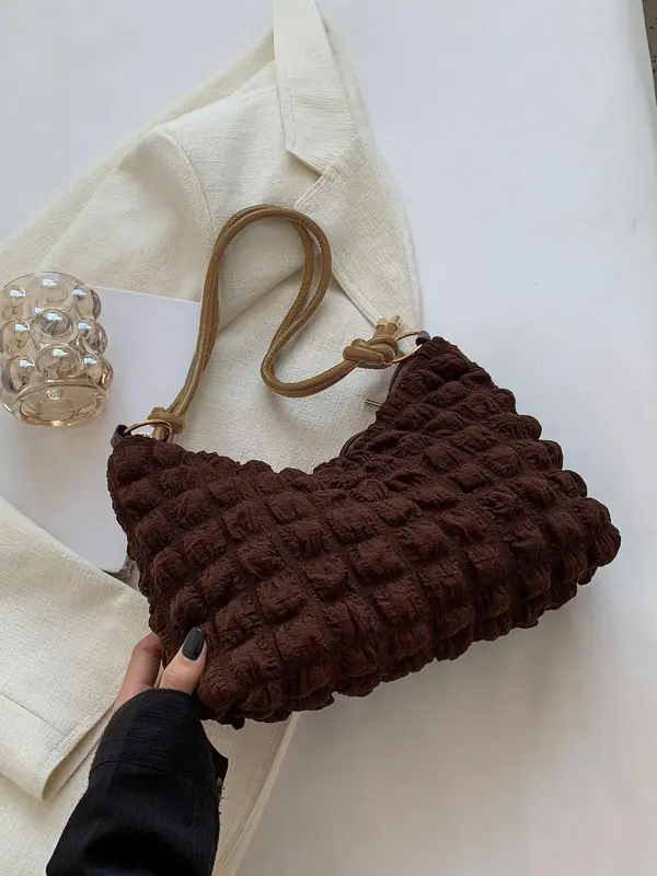 Textured Knot Design Tote Bag for Women, Work Bag, Fashion Plush Underarm Handbag, Casual Quilted Shoulder Purse for Work & Daily Used 3