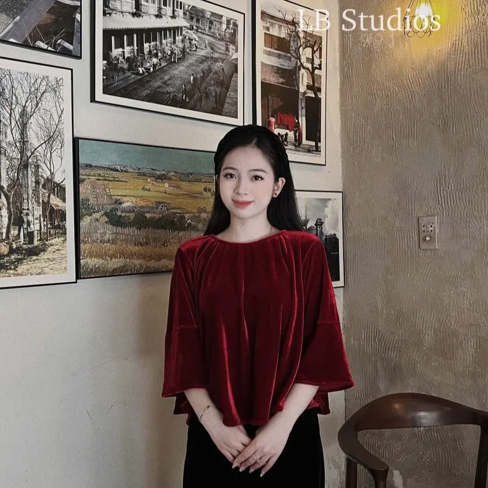 Áo nhung the dài tay dáng xoè trơn nhẹ nhàng xinh iu mới về