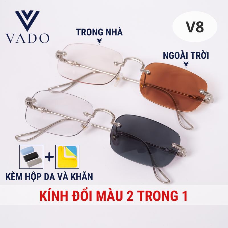 V8 - KO PHẢI THỦY TINH Kính Mắt giả cận đổi màu kính mát thời trang nam nữ đi biển đi chơi chụp hình Mắt Kính phong cách tổng tài sang chảnh - Đi kèm khăn hộp- VADO