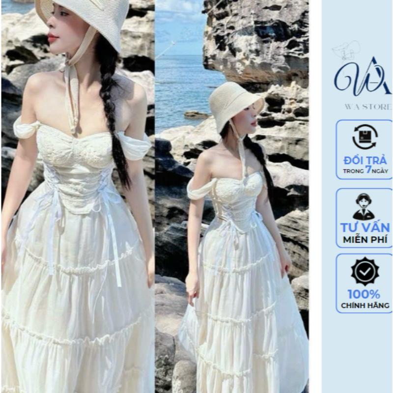 Set váy maxi đi biển chất tơ xốp phối ren kèm mút áo trễ vai nhúng eo, dây thắt nơ, váy dài đi biển dáng xòe nhẹ nhàng 0