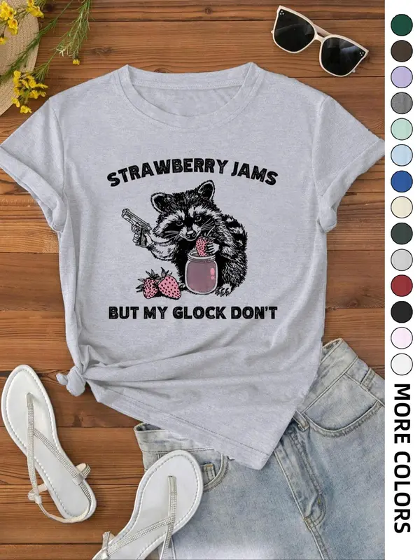 Women's Strawberry & Raccoon Print Round Neck Tee, Fashion Casual Drop Shoulder Short Sleeve T-shirt for Daily Wear, Ladies Summer Clothes,  T Shirts for Women 3