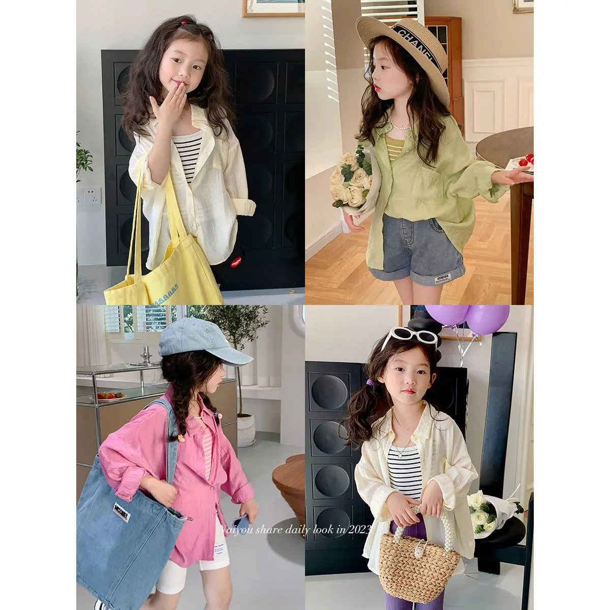 เสื้อเชิ้ตเด็กผู้หญิง เสื้อผ้ากันแดด ฤดูร้อน 2024 สไตล์เกาหลีใหม่ สไตล์ตะวันตก เสื้อโค้ทบางสำหรับเด็ก เสื้อเชิ้ตแขนยาวบาง แฟชั่น