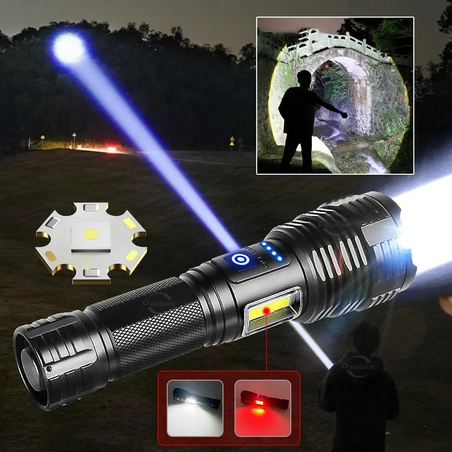 High Power Flashlight, 1 Count Rechargeable Zoom Flashlight, Portable Outdoor Torch Light with Side Lights for Fishing Patrol Camping Emergency Lighting