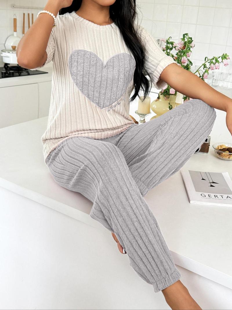 Product Introduction of Women's Love Print & Letter Embroidery Shortsleeve Top & Elastic Waist Pants Pyjama Set, Summer Sets, Valentine's Day Lady Comfortable Round Neck Short Sleeve Tee & Ribbed Trousers Pj Set, Sleepover Supplies for Girls, Gift for Her Loungewear Pajamas 2
