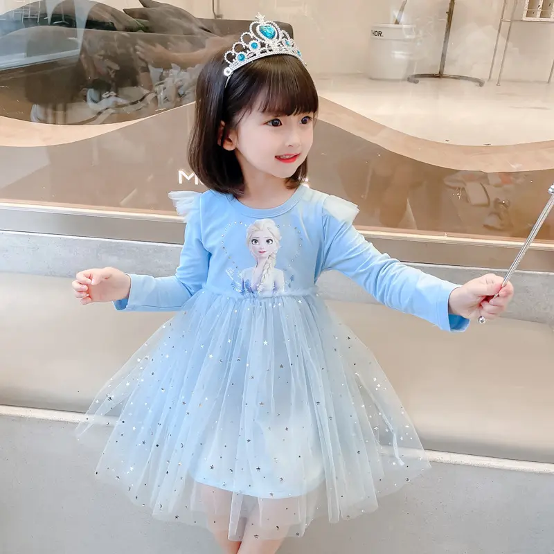 Girls Elsa's Princess Dress Autumn New Short Sleeve Dress Children Frozen