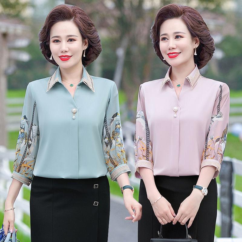 Áo nữ trung niên, Áo sơ mi kiểu trung niên nữ tay lỡ phối voan hoa chất liệu lụa nhẹ mát, Món quà xinh tặng mẹ