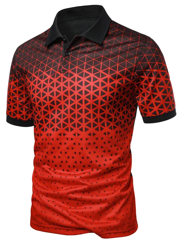 Men's Regular Fit Ombre Geometric Print Short Sleeve Polo Shirt, Casual Button Front Half Placket Collared Top for Spring & Fall, Fashion Men's Clothes for Daily Wear 2