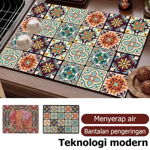Placemat Diatom Lumpur Serap Air Alas Piring Tahan Panas Anti Slip untuk Dapur Dekorasi Motif Bohemian Unik