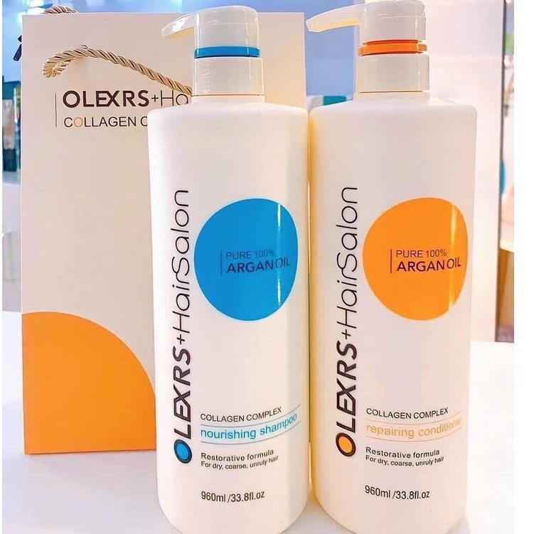 Cặp dầu gội xả Olexrs Argan Oil Collagen Hair Salon 960ml cho tóc khô hư tổn