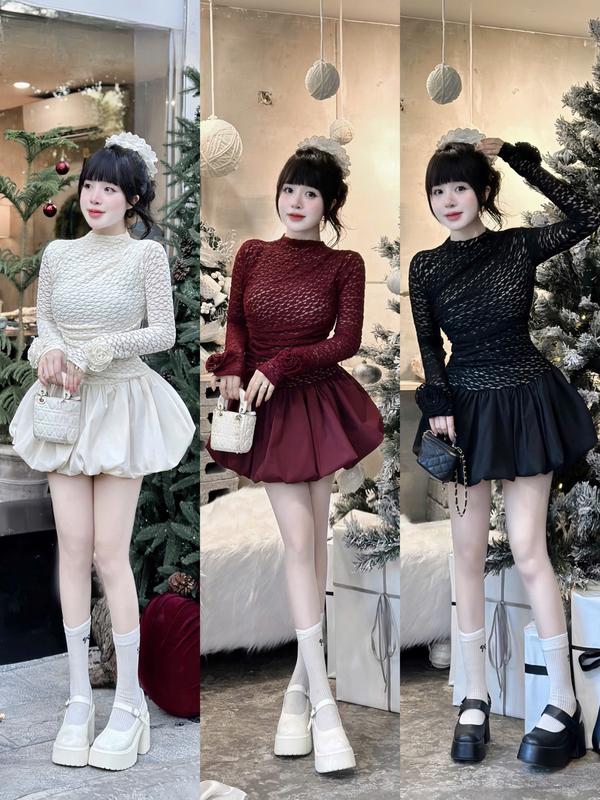  Đầm váy nữ len ren tay dài đính hoa cổ tròn from dáng bí xòe kiêu sa quyến rũ cho nàng dien65di9 tiệc hoặc đi chơi noen lễ tết 