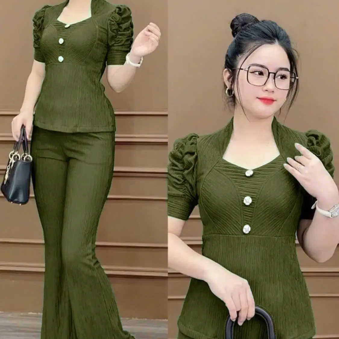 Mã X115. Sét đồ thun xốp nhật thiết kế áo đính 3 nút cổ nữ hoàng, quần ống loe. Phong cách nhẹ nhành đơn giản có size tới 75kg mặc Women Voi