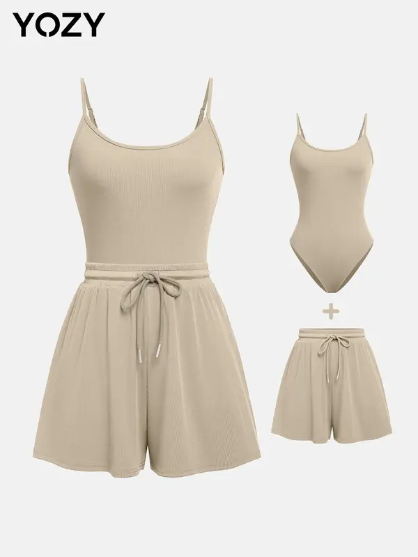 YOZY Adjustable Strap Cami Bodysuit & Drawstring Wide Leg Shorts Set, Casual Round Neck Sphaghetti Strap Bodysuit & Elastic Shorts Set, Back to School Women's Wear for Summer, Travel 1