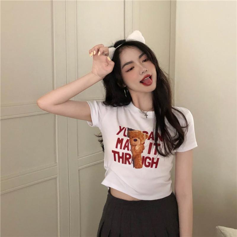 Product Introduction of Summer New Korean Style Letter Bear Printed Short-Sleeved T-shirt Women's Slim-Fit Crop-Top Women's Clothing 16