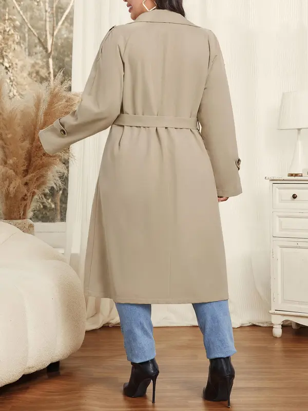 CURVZY Plus Size Solid Double Button Belted Trench Coat, Elegant Pocket Lapel Neck Long Sleeve Coat for Women, Women's Clothing for All Seasons 1