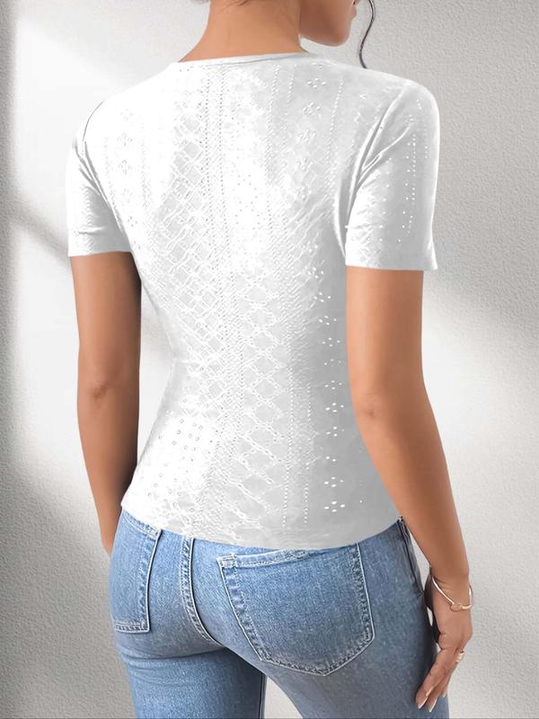 Women's Plain Eyelet Embroidery Ruched Wrap V Neck Tee, Elegant Fake Buttons Decor Short Sleeve T-shirt for Summer, Ladies Clothes for Daily Wear 4
