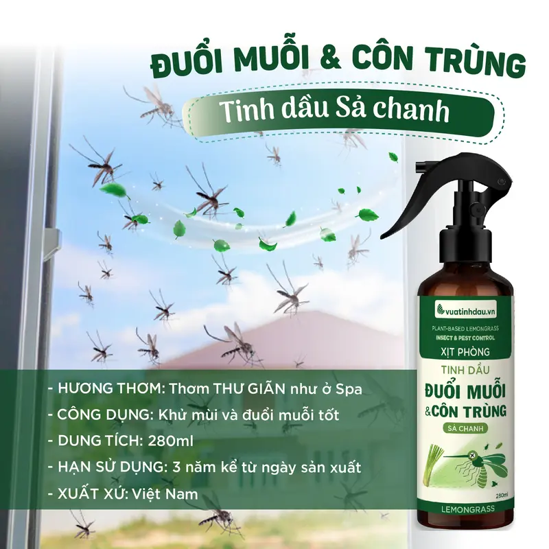 Xịt Phòng Đuổi Muỗi Và Côn Trùng Tinh Dầu Sả Chanh VUATINHDAU 280ml Khử Mùi,Đuổi Muỗi Thơm Phòng Ngủ 1