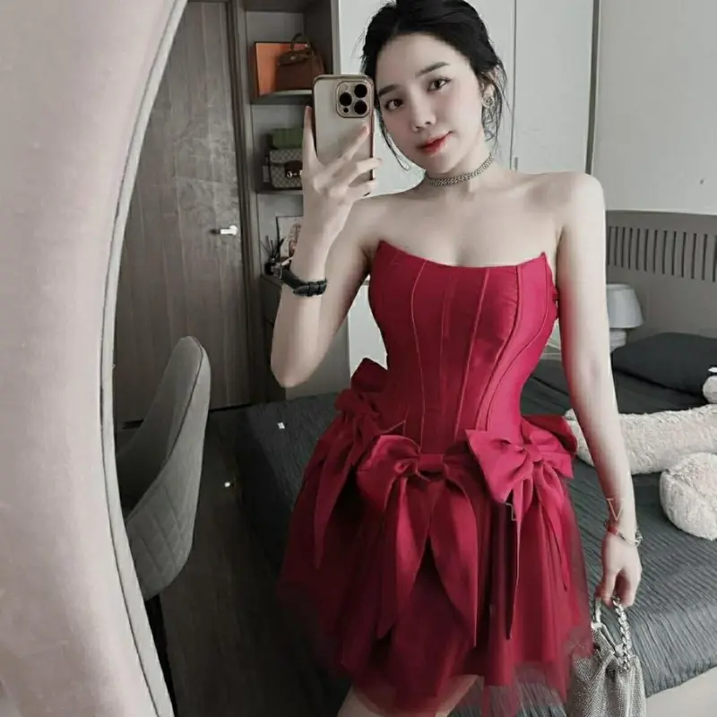 Đầm Cúp Ngực Nơ Corset Phối Váy Lưới Dự Tiệc 3