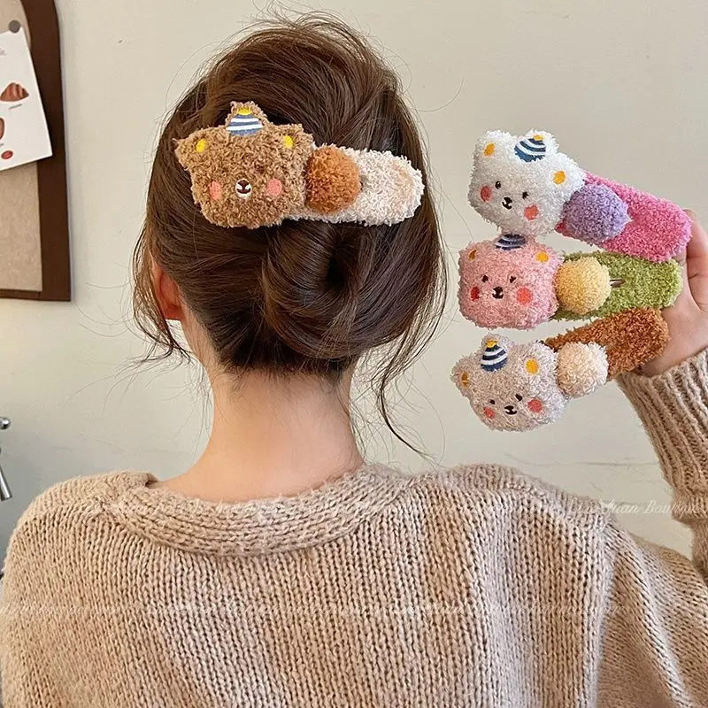 Mũ Đội Đầu Kẹp Tóc Lớn, Thiết Kế Ngọt Ngào Vịt Dễ Thương Mùa Đông, Gấu Pudding Nhồi Bông Mới, Kẹp Nắm Nhồi Bông Cho Bé Gái, Ở Phía Sau Đầu