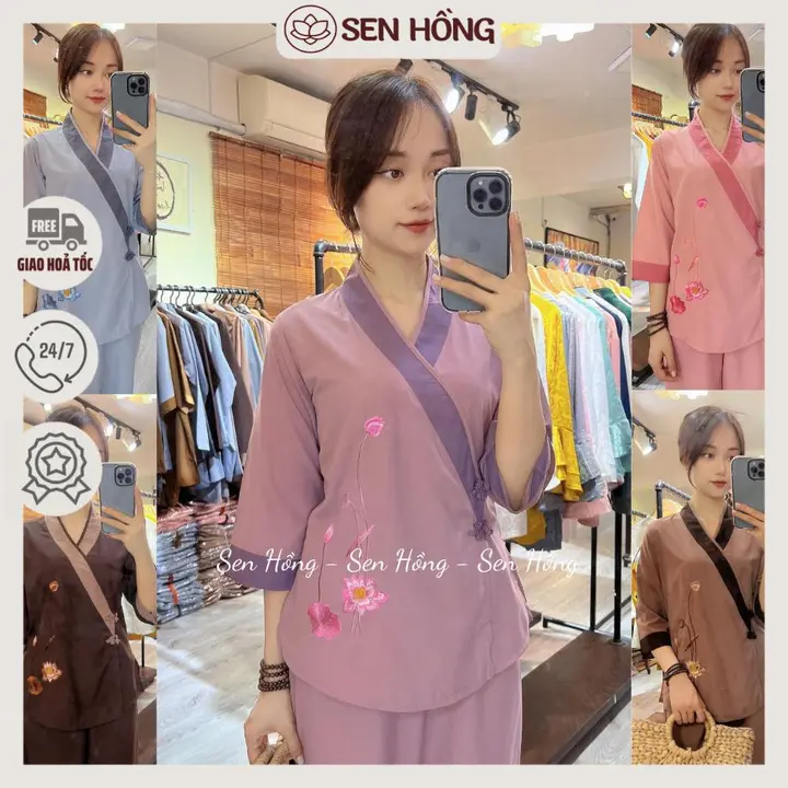 Set đồ lam đi chùa - quần áo Phật tử cài chéo viền nổi, vải kate Nhật bền đẹp - Pháp phục nữ Sen Hồng