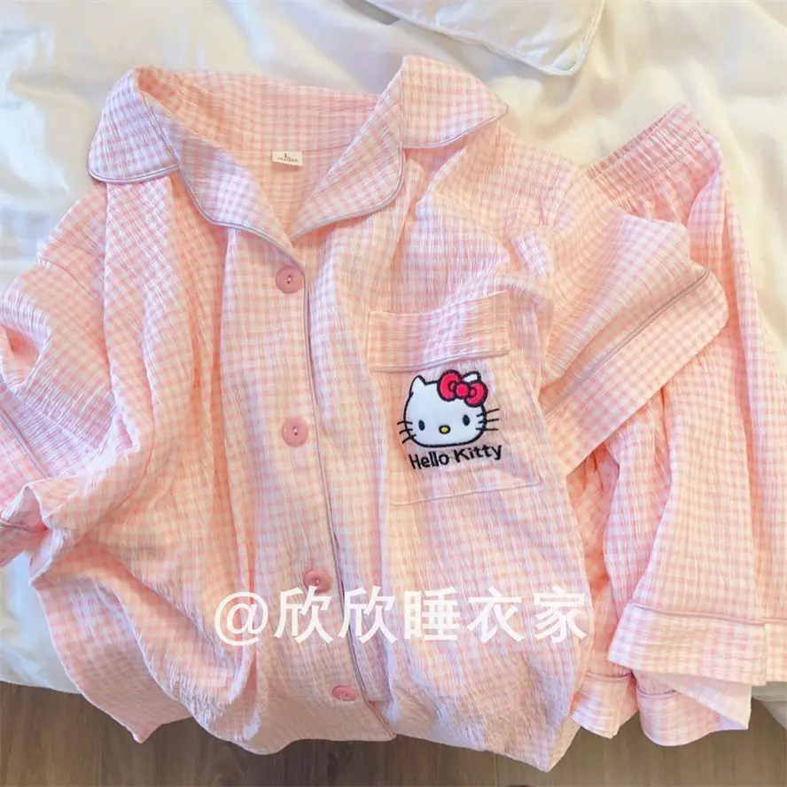 Bộ Đồ Ngủ Mèo Kitty Dễ Thương, Dành Cho Nữ, Hàng Mới Về Mùa Hè, Thiết Kế Kẻ Sọc Ngọt Ngào Áo Ngắn Tay Quần Đùi, Áo Mặc Bên Ngoài Mỏng, Bộ Đồ Đi Chơi, Năm 2025
