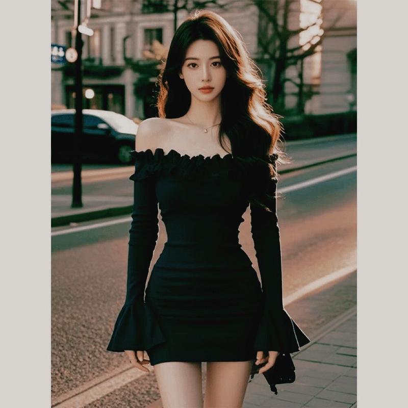 Váy Trễ Vai Xếp Nhún Phong Cách Xã Hội Thanh Lịch, Dành Cho Nữ, Váy Ngắn Bodycon Gợi Cảm, Hàng Mới Về Mùa Thu 2025 0