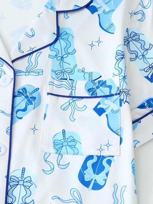 Women's All Over Print Lapel Shirt & Elastic Waist Shorts Pyjama Two-piece Set, Casual Comfy Short Sleeve Pocket Button Up Top & Shorts PJ Set, Ladies Summer Sleepwear, Loungewear 3