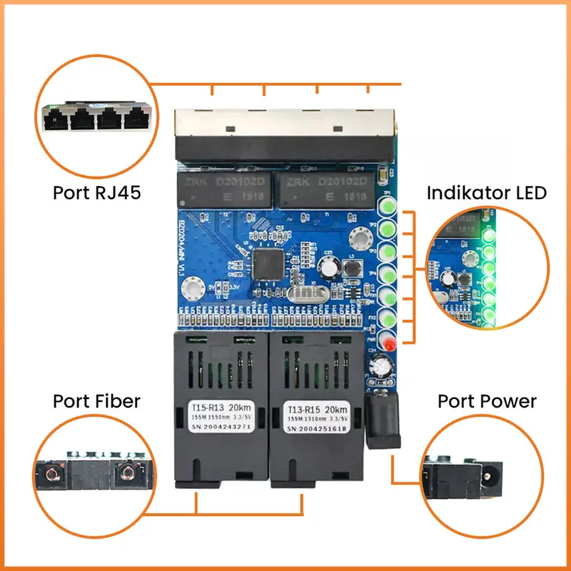 Support POE PCBA 10/100M 2F4E 2 SC 4 RJ45 Ethernet  PCBA Single Mode 5V-12V input 7