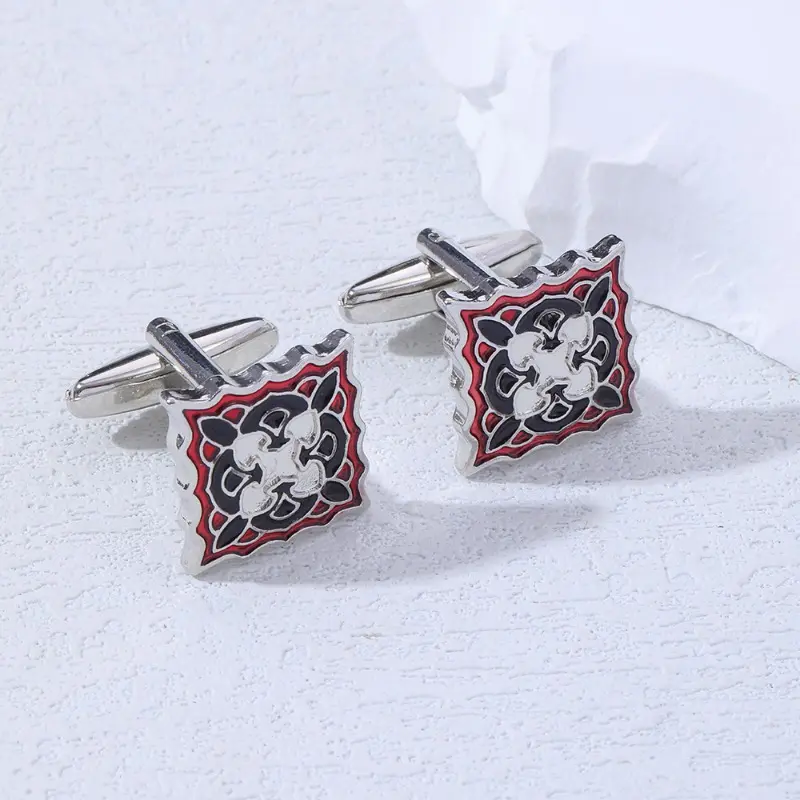 1Pair Classic Retro Pattern Square Cufflink Silver Metal Black Red Cufflinks Business Wedding Gift for Boyfriend Cuff for Men Accessories