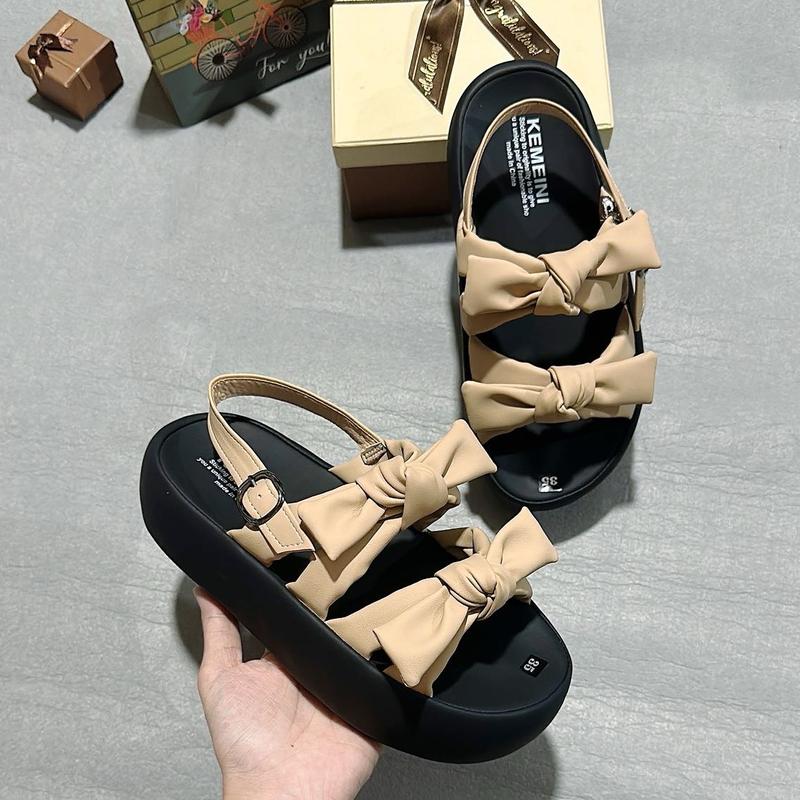 Sandal Nữ quai nơ cột đế cao 5cm da mềm êm nhẹ chân mũi tròn màu nâu/kem/đen 7