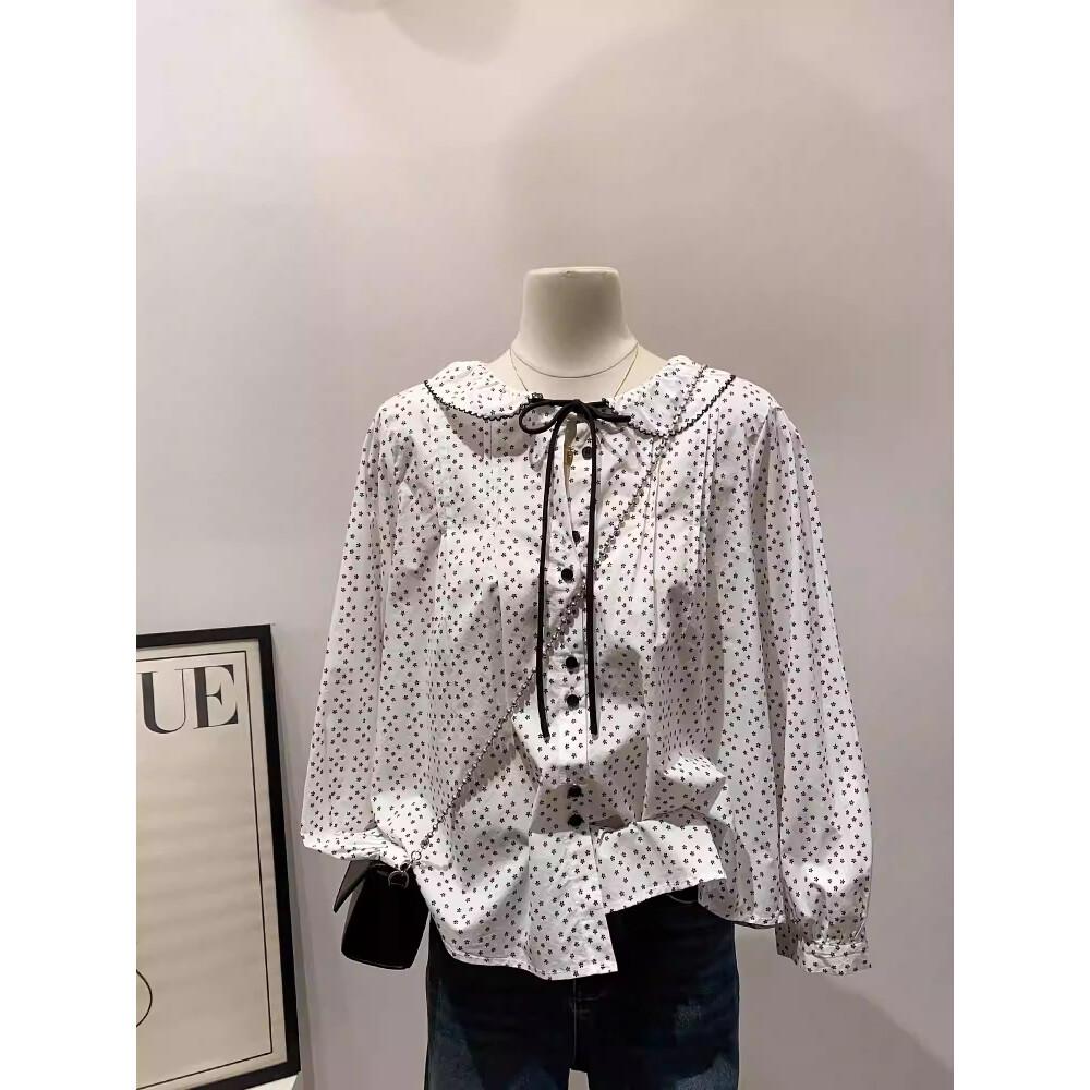 CHICMORE Atasan Gaya Kasual Lengan Panjang Longgar Desain Motif Polkadot