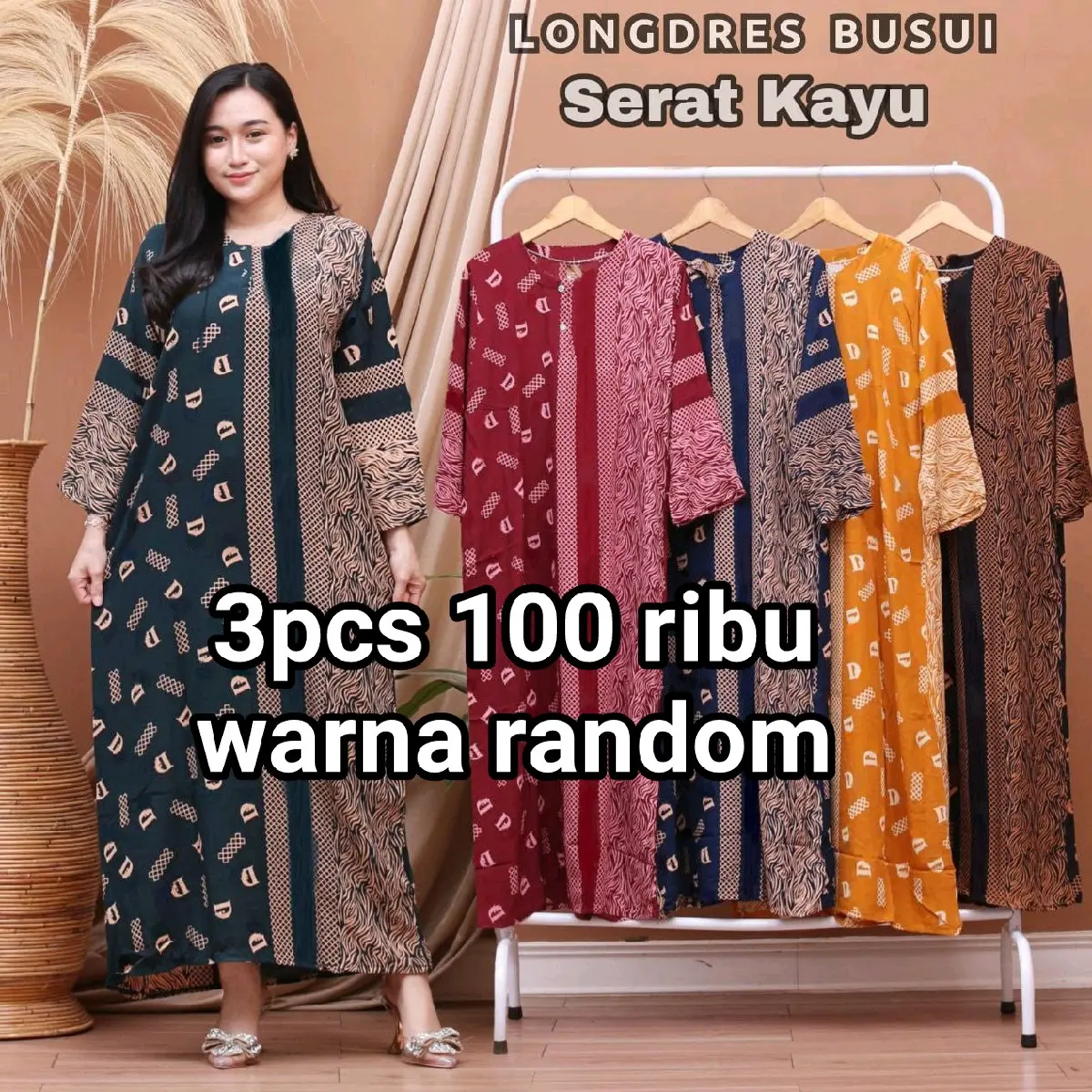3pcs longdress panjang ld 110 size xl motif serat kayu Santai