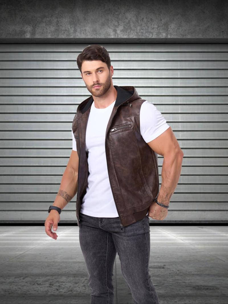 Product Introduction of Men's Solid Color PU Leather Vest Jacket, Casual Fashion Sleeveless Outerwear for Daily Outdoor Wear, Men Cloths for Fall & Winter 1