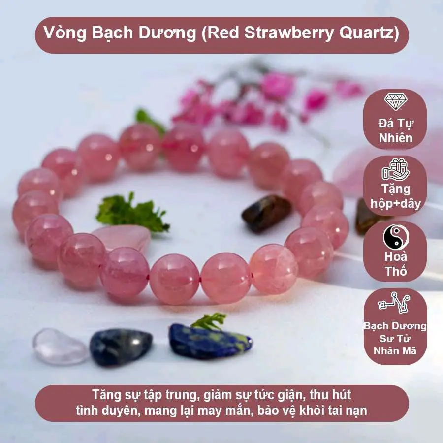vòng bạch dương(redstrawberryquarts) thạch anh dâu hồng tây hợp với mệnh hỏa với mênh thổ