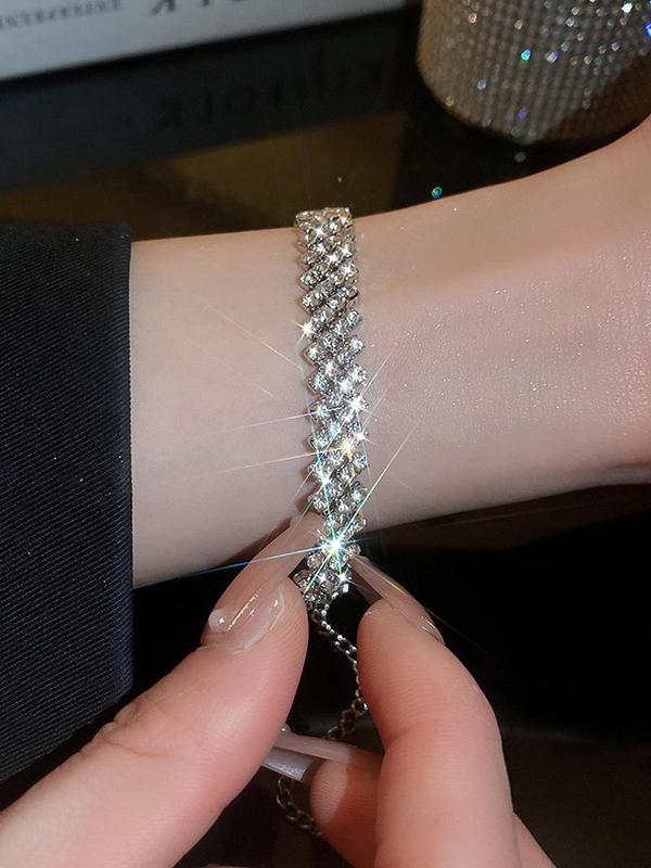Rhombus Rhinestone Decor Tennis Link Bracelet, Fashionable Elastic Bracelet For Women For Party, Daily Clothing Decor For Girl 6